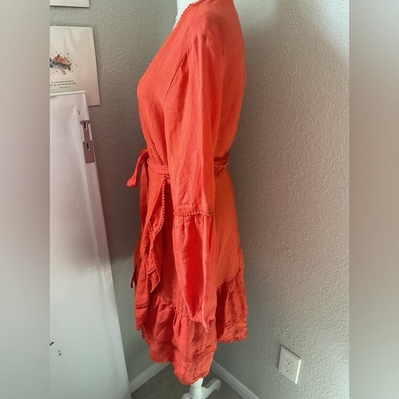 Tessora Paloma Linen Pom Pom Wrap Dress in Orange Size Large - Picture 4 of 9